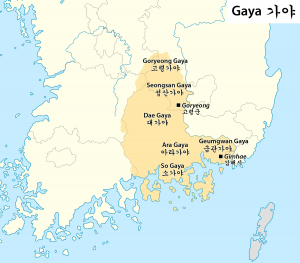 Close-up of southern Korean peninsula with six of the major Gaya states labeled