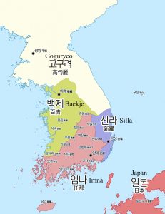 Imna shown taking up a large part of the southwestern part of the Korean peninsula, eating into Baekje and some part of Silla's territory