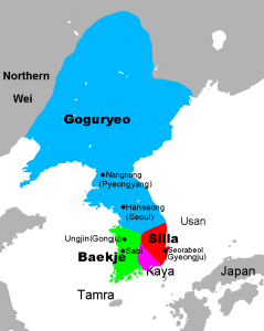 Map showing Goguryeo, Baekje, Silla, and Gaya, with their respective capital cities