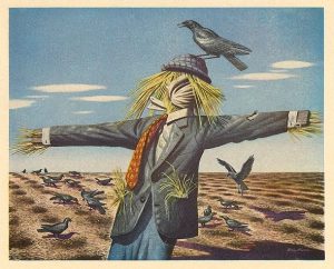 scarecrow with bird on its head