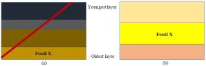 Cross-sectional diagrams of rocks--shown as different-colored layers--illustrating relative-age dating techniques.