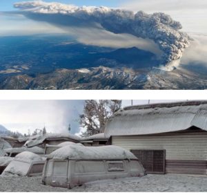 Two photos: top shows ash emitted by a volcano, lower shows ash covering objects on the ground.