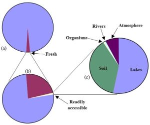 Pie graphs showing the relative amounts of freshwater, by reservoir, on Earth