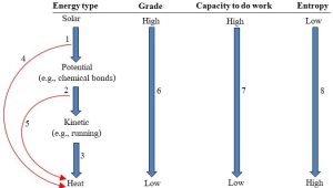 Columns and arrows showing how energy moves from high- to low-grade forms.