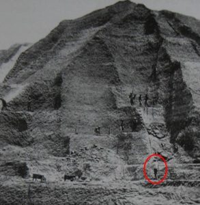 Photograph of mountain of guano many times the height of a man working on the mountain.