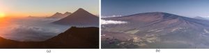 Two photos of volcanos: one is cone shaped, the other is relatively flat