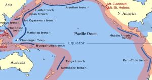 A map of the Pacific Ocean basin and lands masses that ring it.