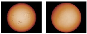 Photo showing two images of the sun; one has small black dots on it, the other lacks such dots