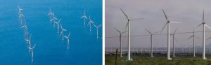 Two photos. One, wind turbines in the ocean, the other wind turbines on land.
