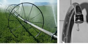 Two photos of water use: irrigation in a farmer's field and a sink faucet