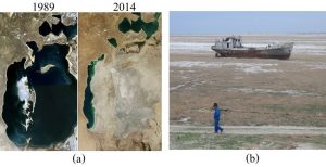 Two photos. Left: arial photos of a lake bed in 1989 and 2014. Far less water was present in 2014. Right: a large ship sitting on a dry lake bed.