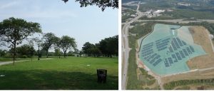 Two photos: a grassy public park next to an aerial photo of a closed landfill (appears to be a small grassy mountain).