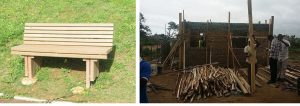 Two photos: a beige plastic park bench and a small house being built by several people.