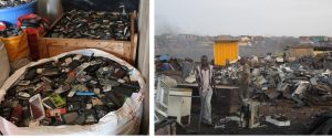 Two photos: barrels of discarded mobile phones and a man digging walking through a dump filled with electronic waste.