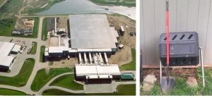Two photos. Left: aerial view of an industrial-sized composting facility; right a backyard composter.
