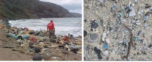Two photos. Left, a person walking through piles of trash on a beach; right: a close up of beach sand mixed with very small plastic fragments.