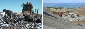 Two photos: left, large tractor driving over mound of trash; right a pit in which trucks unload trash.
