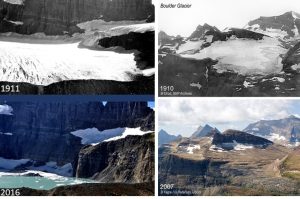 Two sets of before-and-after photos of glaciers. In both cases, the ice mass is considerably in the recent photos relative to those from about a century earlier.