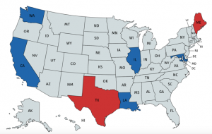 Map depicting states where women served in Senate in 1998