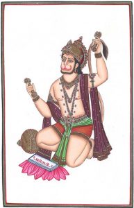 A color illustration of Lord Hanuman singing Bhajans. He has a beard and humanized monkey face, he wears a crown and shorts and has a shawl draped around his upper arms. He holds objects in both arms; one arm is raised high