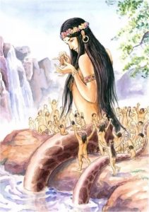 Illustration of a woman with a snake body sitting on the river's bank, creating a small human. She is surrounded by many small humans, some seem to rejoice