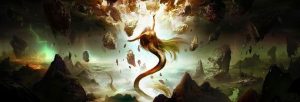 Dramatic digital illustration of a woman with snake body in the center, surrounded by blocks of rock and mountains, against a dark and threatening sky. She reaches up to the heavens as light shines down on her.