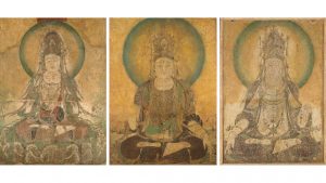 Three paintings of one figure each. Each figure sits in lotus position, and has a big halo (mandorla) behind them, indicating their status as a Buddha or bodhisattva.