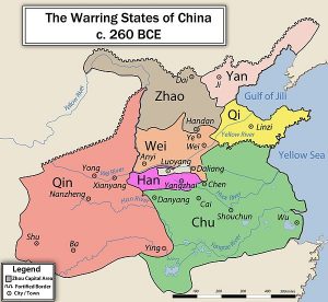 Map of the Warring States. Qin is in the west and very large, Chu is in the south and east, and appears to be larger.