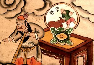 A man stands with his back to a table with a mirror on it. The mirror shows a man and an ox.