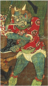 A demon, who is blue-green and has horns, is about to punish a sinner on behalf of the seventh king is seen rolling up his sleeves and holding a knife between his teeth. He is dressed in a red shirt with a floral pattern