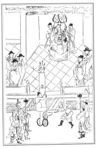 Black and white line drawing. In the foreground a few guards stand around a man who has his arms and legs tied to a brass pillar that has flames coming out at the top. The man's belly faces the pillar. On a slightly higher platform, officials watch. The king is in the background on that platform, watching.