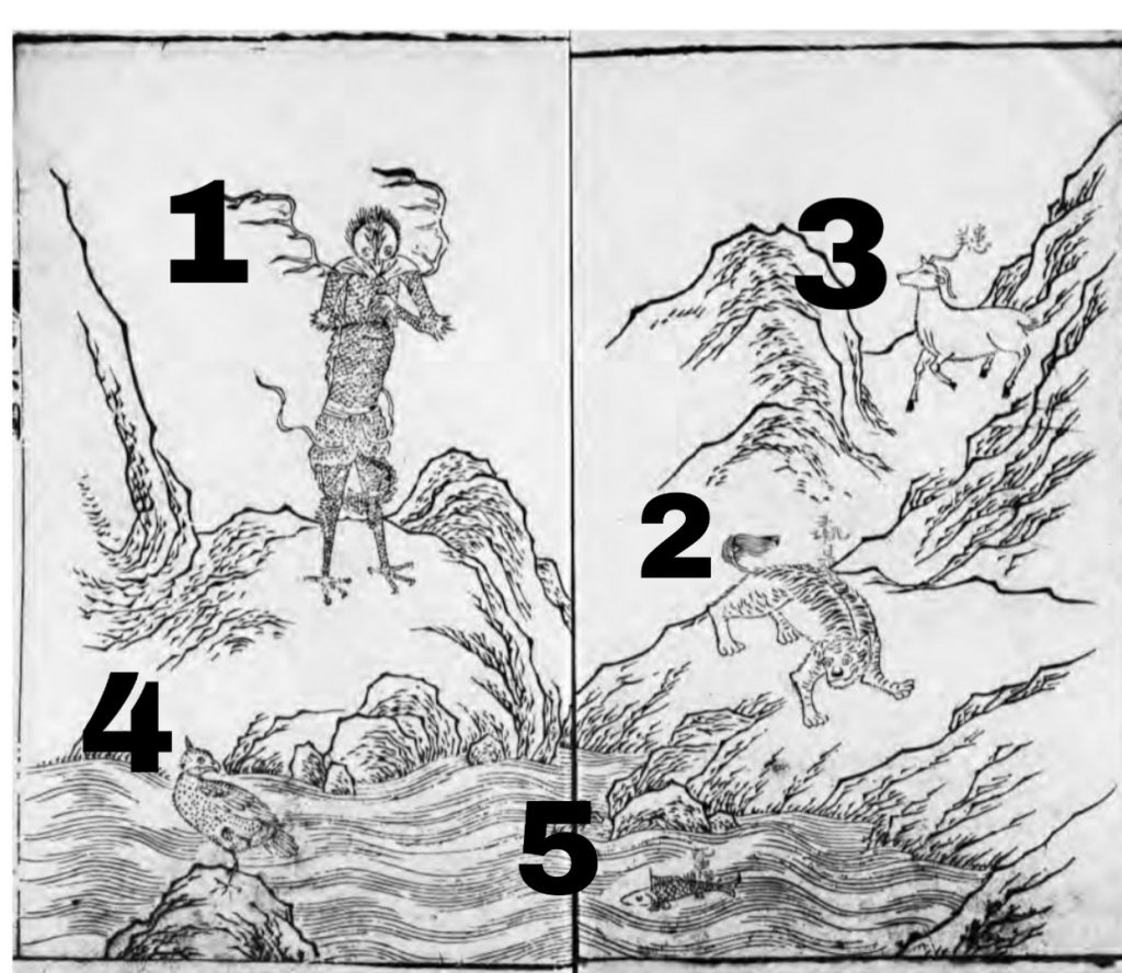 A black and white line drawing, depicting a variety of creatures: 1. is a scaly creature with bird feet, 2 looks like a tiger, 3 looks like a deer, 4 looks like a bird, 5 looks like a fish. They are placed in a mountainous landscape on rocks and near a wild flowing stream.
