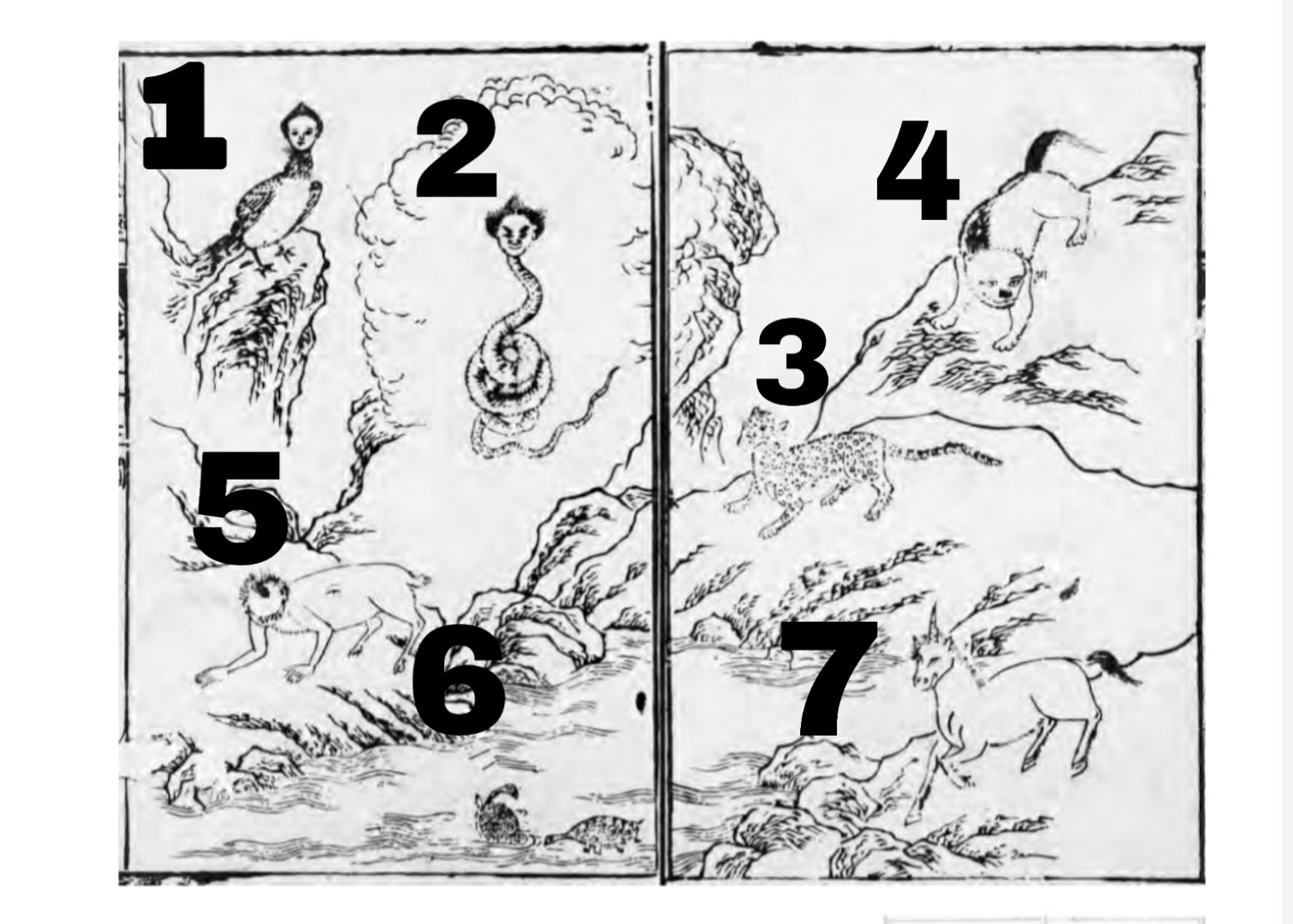 Black and white line drawing, placing seven strange creatures in a rocky landscape with a river or pool at the bottom. 1: bird with head of a female human; 2, snake with human head; 3, leopard like creature; 4 creature like a dog but with a bear-like head and wolf-like tail. 5, creature with front paws like a monkey and hooves on its hind paws. 6 a creature like a turtle in the water; 7, a horse with a horn on its head.