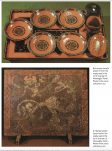Photography of Mawangdui objects. Top: red and black lacquer tray with five small plates and small bowls; bottom: a painted screen with a flowing floral or stylized animal pattern