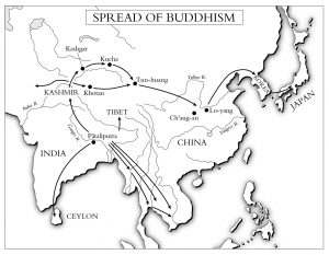 A map of East Asia and India shows connections mainly overland, with arrows pointing from the Himalayan foothills to Ceylon, Southeast Asia, and Central Asia and from there to China and to Japan.