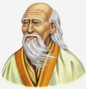A painting of Asian man with a tall forehead and long white hair and a white beard and moustache.
