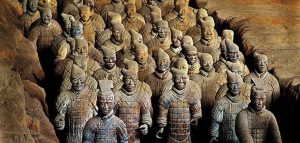 Photograph: close up of a section of the first pit, showing rows of terracotta soldiers in one of the trenches.